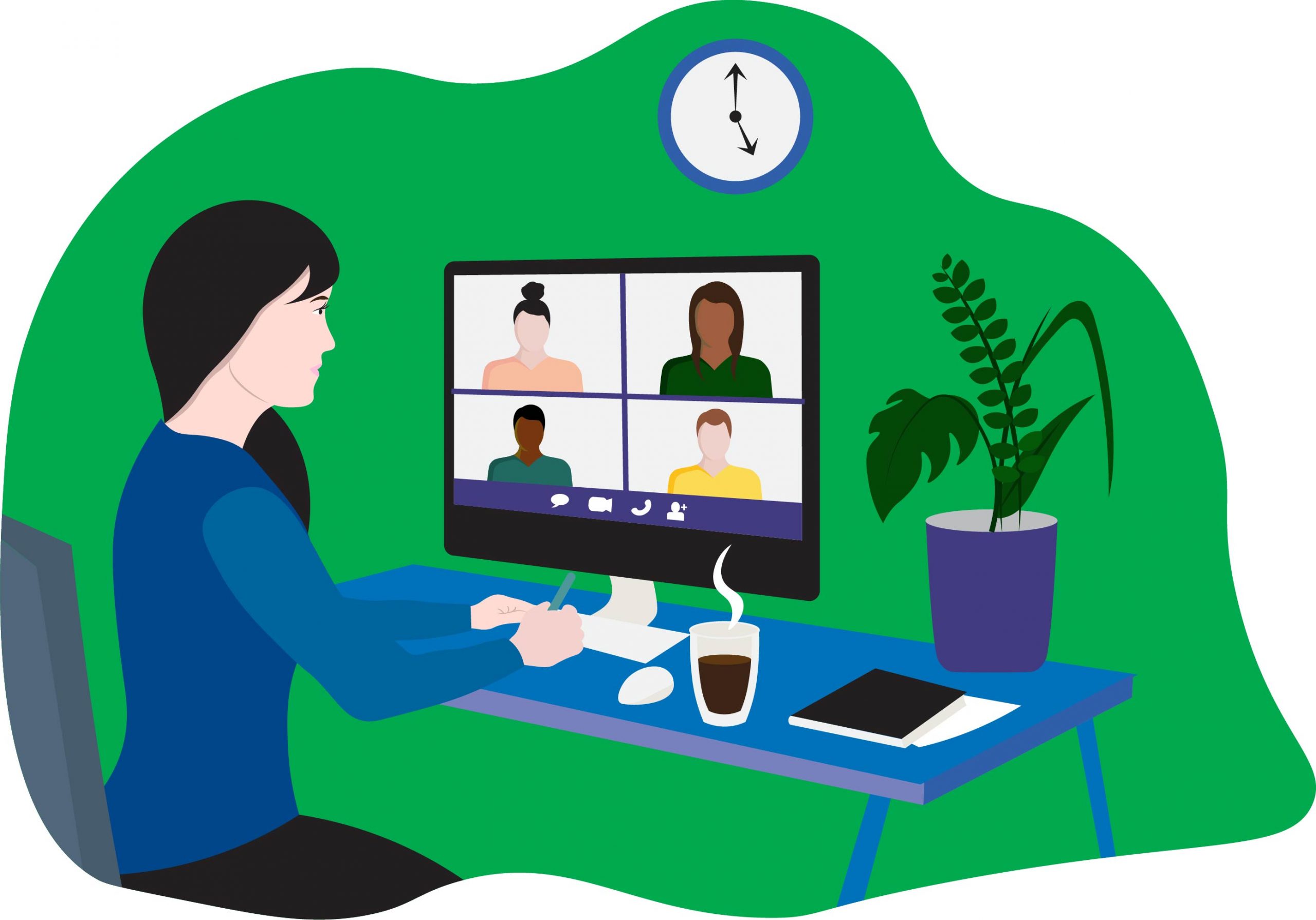 Green background with person attending an online meeting