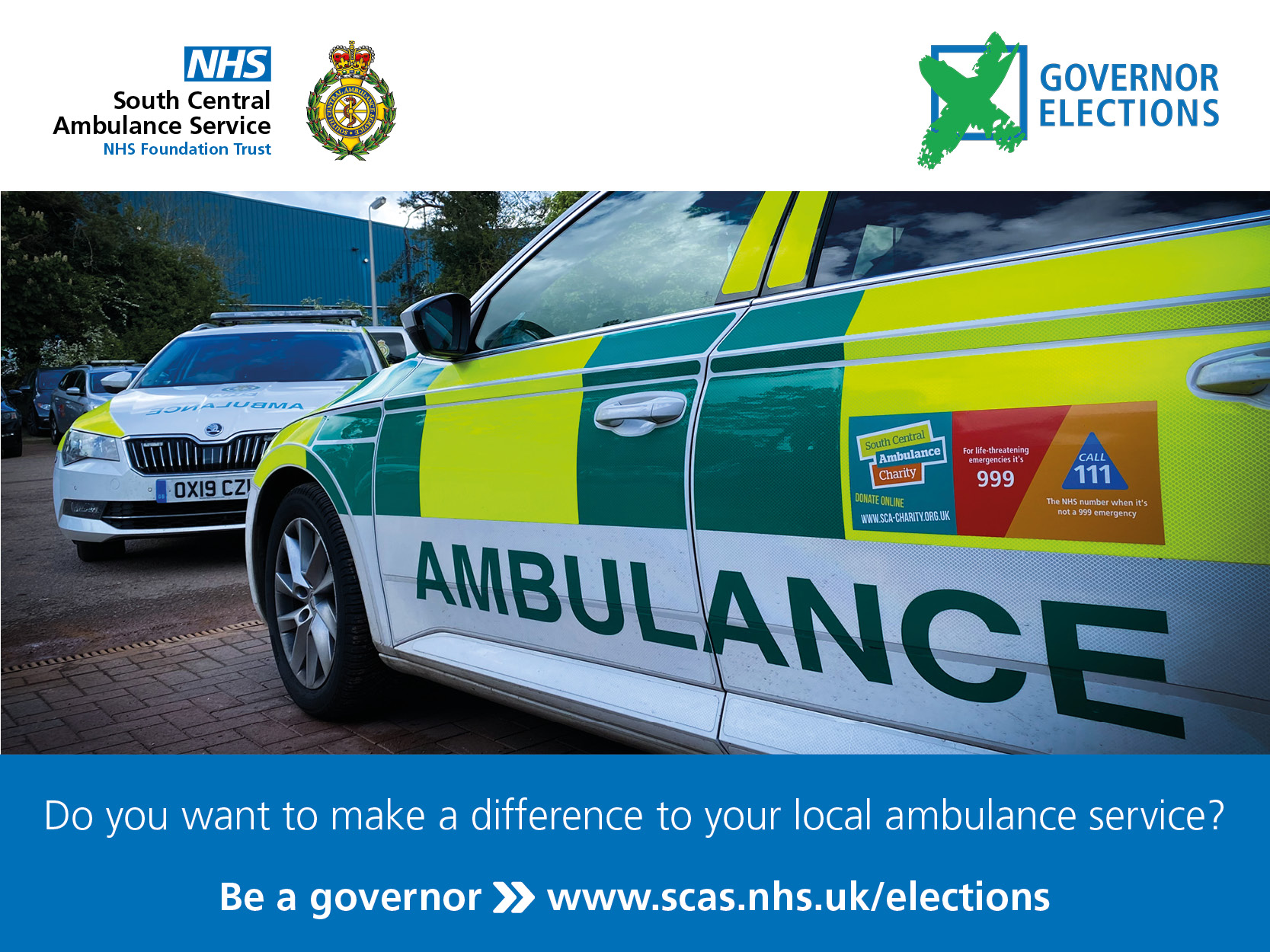Governor Elections image with an ambulance vehicle. Text reads Do you want to make a difference to your local ambulance service. Be a Governor
