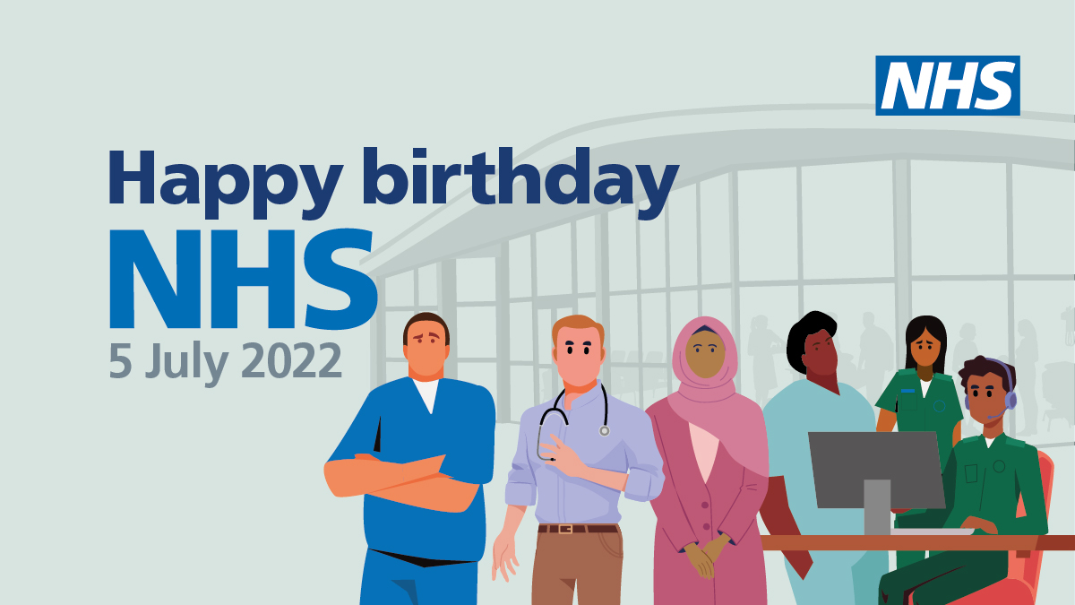 Graphic with NHS workers that reads Happy Birthday NHS 5 July 2022