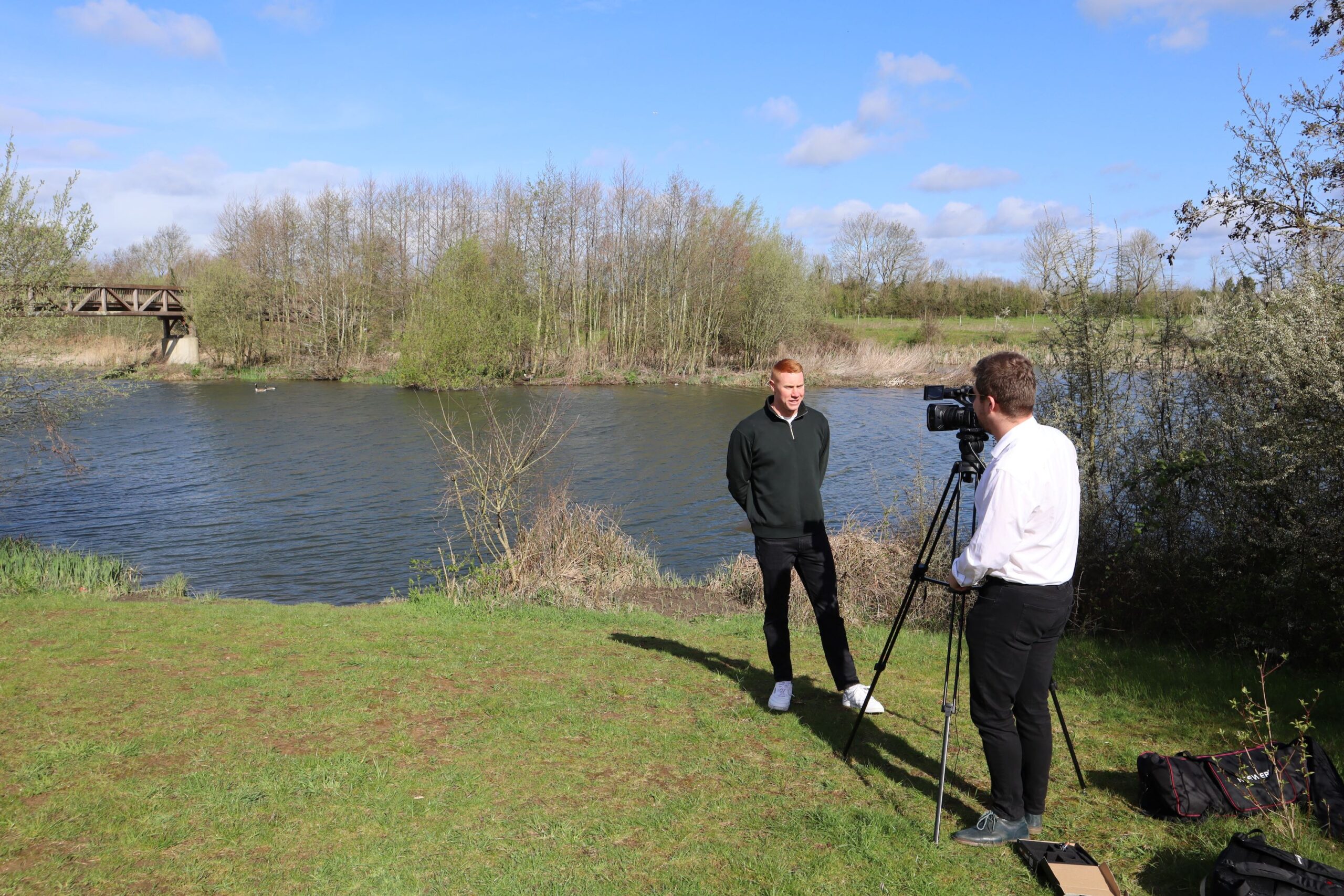 Filming with Olympic gold medallist swimmer Tom Dean MBE on the bank of the Jubilee Flood Alleviation Channel 2