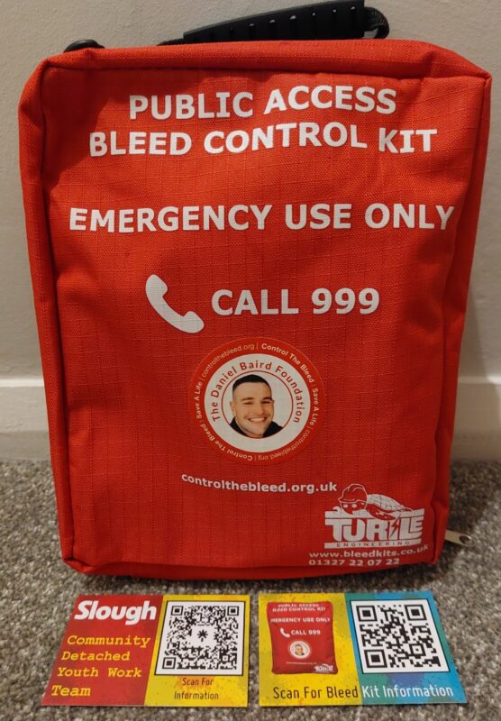Close up image of a public access emergency bleed control kit