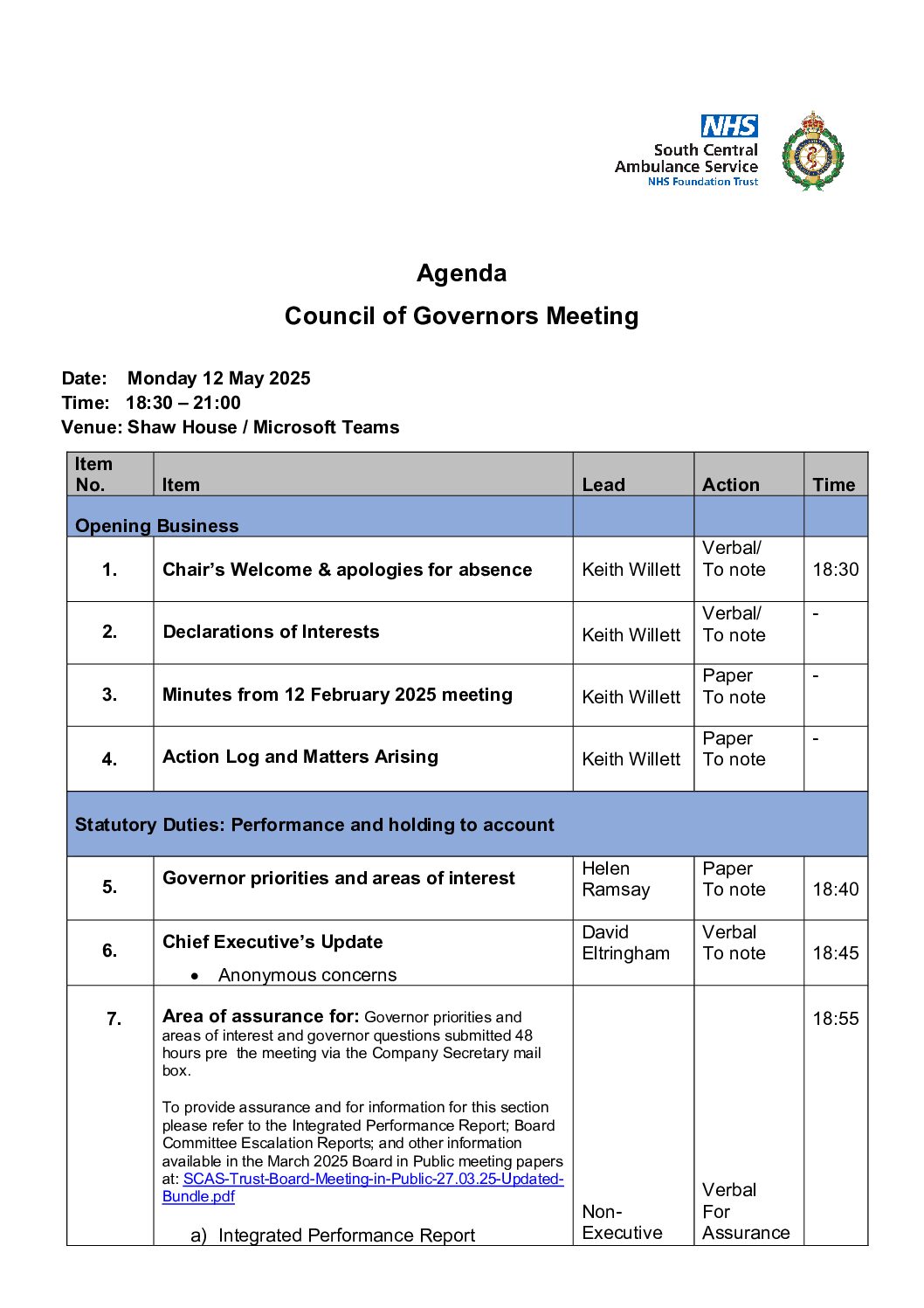 SCAS Council of Governors 12 May 2025