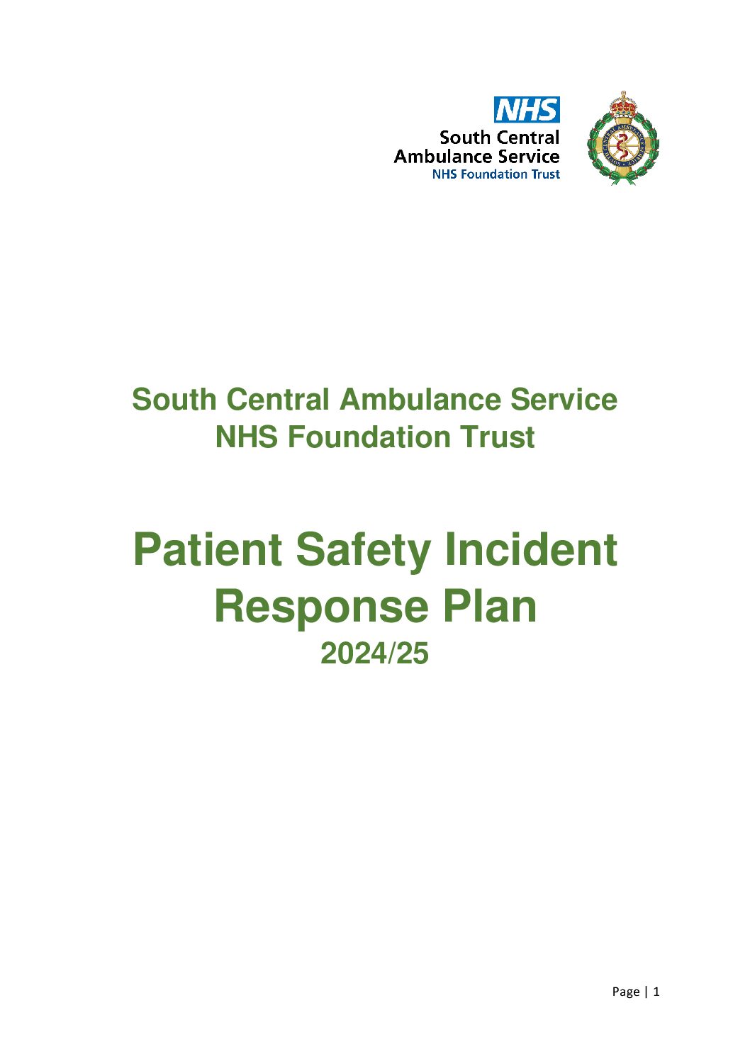 Patient Safety Incident Response Plan 2024-25