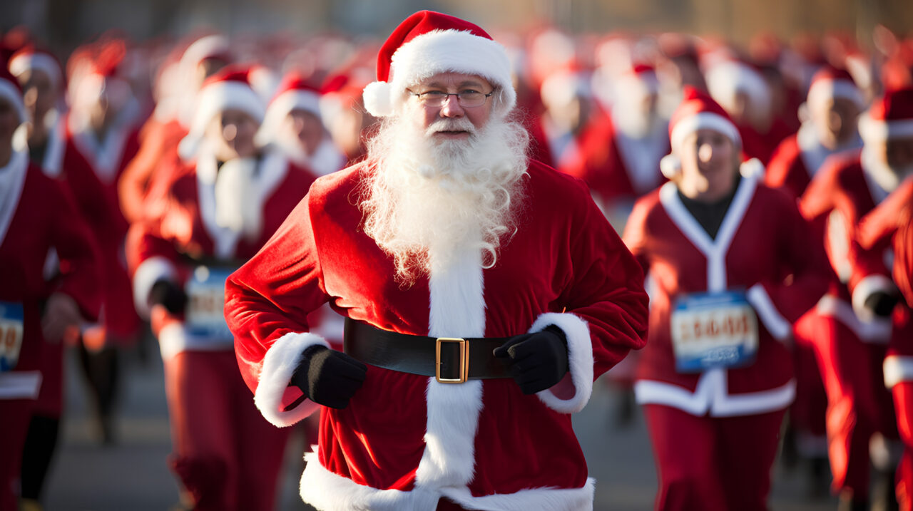 Man dressed as Santa Claus running with other runners in Santa costumes behind him
