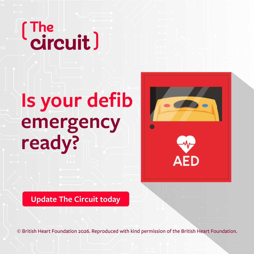A graphic image depicting a defibrillator inside a case with a headline Is your defib emergency ready?